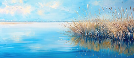 Obraz premium Reflection Of High Grass In Cold Blue Water