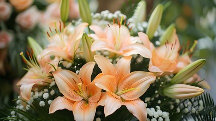 Fototapeta premium A gorgeous bouquet of peach colored lilies surrounded by baby scent