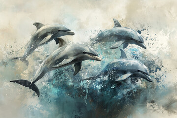 Obraz premium Dynamic Dolphins in Ocean Splash