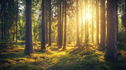 Fototapeta premium Serene Sunlight Filtering Through Tall Forest Trees