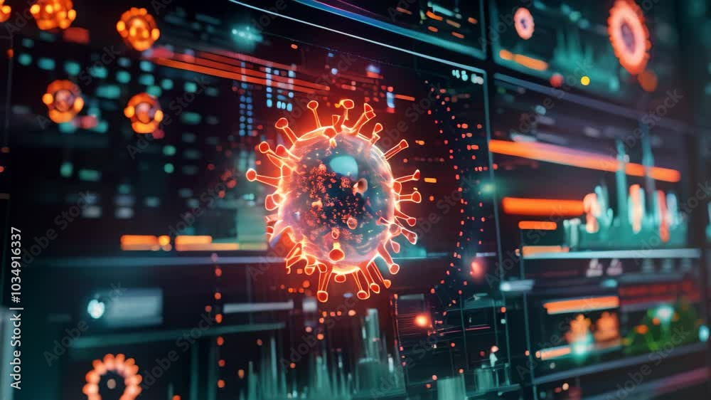 Poster a videograph of a computer screen displaying a symbol representing the corona virus, ai predicting p