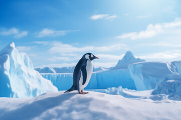 A penguin stands on the snow among the glaciers.
