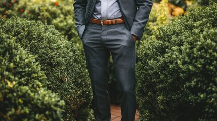 Stylish Man Among Lush Greenery in Suit