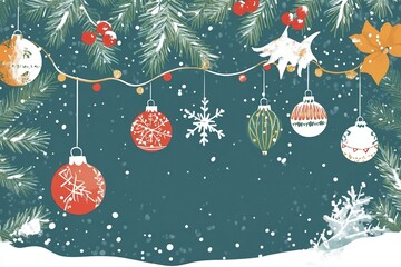 Postal navide&ntilde;a con guirnalda y bolas de diferentes colores y tama&ntilde;os con copos de nieve cay&eacute;ndose. Detalle muy bonito y alegre para las fiestas.