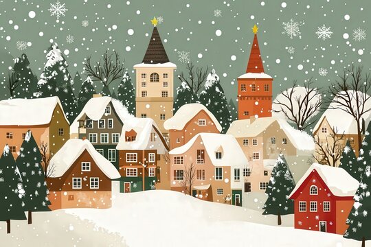 Postal navide&ntilde;o con la ciudad nevada. Casas con la nieve en los tejados y los copos de nieve cay&eacute;ndose desde el cielo. Abetos bonitos y mucha nieve. 