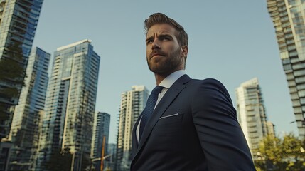 Confident Man in Business Suit Against Urban Landscape