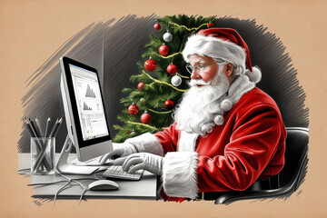 Santa Claus wearing hat using laptop computer sitting at workshop home table on Merry Christmas eve. Ecommerce website xmas time holiday online shopping e commerce sale. AI generated