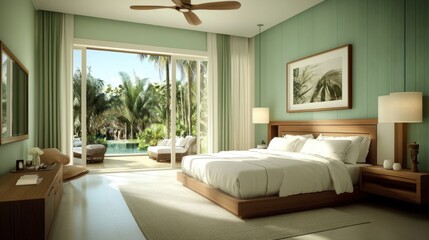 Modern bedroom design featuring refreshing mint green walls, cozy white bed linens, and wood furniture, soft and inviting