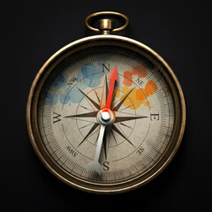 Detailed brass compass with a red needle pointing north, capturing the essence of guidance and adventure