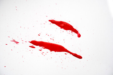 Blood splatters on white background. Red blots of watercolor Realistic bloody splatters for...
