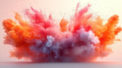 Vibrant explosion of colorful powder creating a stunning display of orange, pink, and purple hues in dynamic motion against a white background.