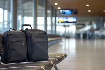 Mochilas de viaje en los asientos del aeropuerto. Viaje por negocios. Turismo, escapada de fin de semana. Concepto.