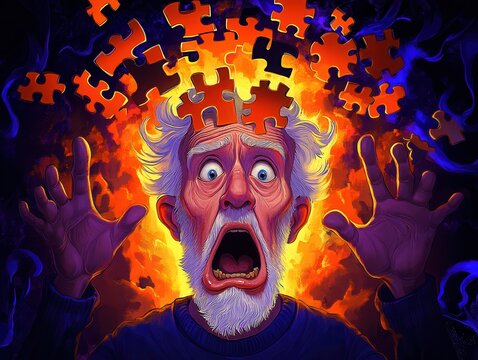 An elderly man in distress with puzzle pieces exploding from his head, symbolizing confusion and anxiety.