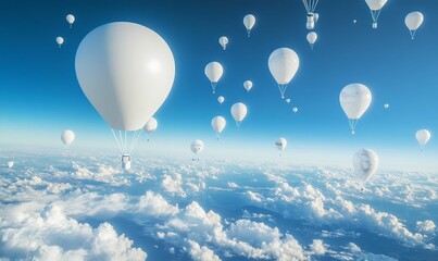 Obraz premium White hot air balloons floating above clouds.