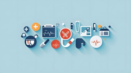 Flat Design Medical Icons on Blue Background