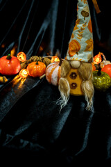 Halloween decorations background. Halloween Scary pumpkin head on wooden table Halloween holiday concept