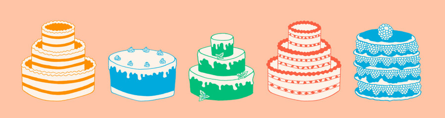 Doodle birthday cake set. Dessert collection of sweet tasty food.