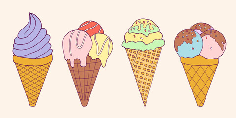 Doodle ice cream collection. Childish hand drawn style of cute sweets