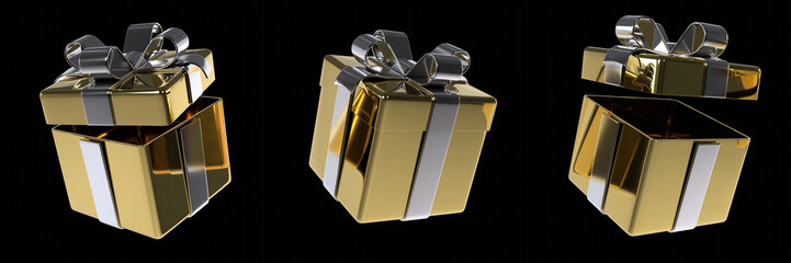 Set of Gold Surprise Holiday Gift Box with Silver Ribbon Isolated Background 3D Illustration