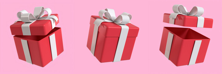 Set of Red Surprise Holiday Gift Box with White Ribbon Isolated Background 3D Illustration