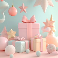 Christmas tree and gifts in pastel hues