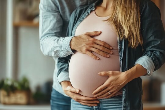 Mujer embarazada tocando la barriga y su marido tambi&eacute;n. Sesi&oacute;n de fotograf&iacute;a de recuerdo del momento de alegr&iacute;a. Barriga grande. 