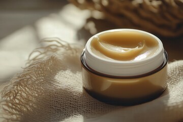 Bote de cristal con crema beige en el interior. Dise&ntilde;o y sesi&oacute;n de fotograf&iacute;a de productos. Publicidad de empresa. Cosm&eacute;tica y cura personal facial.