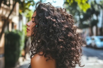 Chica con pelo rizado moreno. Modelo con pelo largo y rizado. Peluquer&iacute;a y est&eacute;tica. 