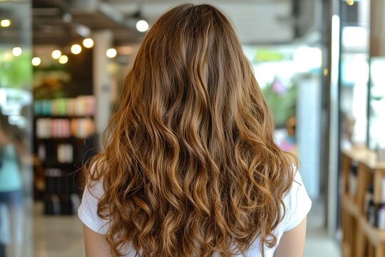 Mujer con pelo rubio largo y rizado en la peluquer&iacute;a. Reci&eacute;n salida del tratamiento capilar. 