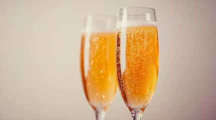 A festive cocktail served in a flute glass, made with peach puree and topped with sparkling wine, isolated on a white background.