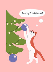 Cat is playing with a Christmas ball. Christmas vector flat cartoon illustration