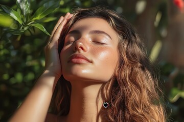 Mujer joven con piel luminosa disfrutando del sol mientras se toca la cara con la mano. Modelo femenina. 