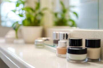 Estantería con botes de cremas faciales. Belleza y moda. Cosmética varia. 