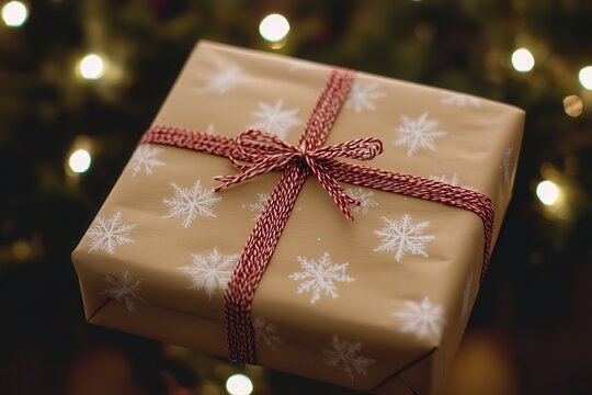 Caja de regalo envuelta en cart&oacute;n con copos de nieve y un lazo de hilos rojos al medio. &Eacute;poca de regalos y celebraciones, a&ntilde;o nuevo. Recurso gr&aacute;fico, fondo.