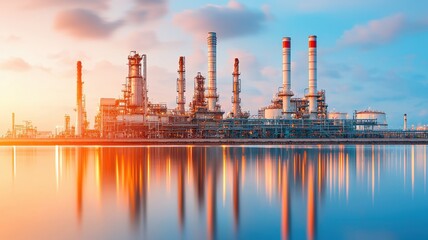 Obraz premium Oil refinery plant reflecting on water, serene industrial scene, Fuel Processing Technology 