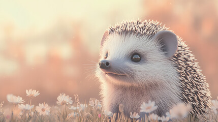 Fototapeta premium Cute Hedgehog in a Field of Daisies at Sunset
