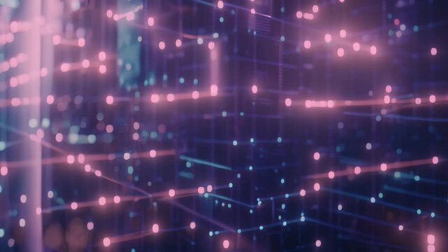 Blue and Red Abstract Background With Cubes, An abstract view of transparent digital blocks connected through neon lines, symbolizing blockchain technology