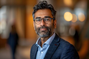 Obraz premium Professional Portrait of a Man with Glasses in a Softly Lit Environment