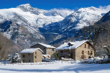 Casas nevadas entre monta&ntilde;as. Valle con mas&iacute;as de piedra. &Eacute;poca de invierno. 