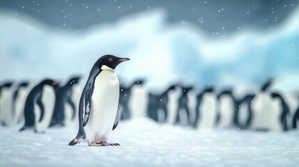 Obraz premium Group of king penguins coming back together from sea to beach with waves in the background