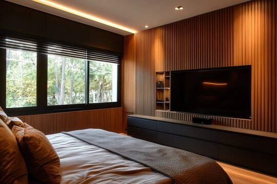 Habitaci&oacute;n de matrimonio con paredes de listones de madera. Dormitorio moderno con la televisi&oacute;n de pantalla LED. Ventanal grande en la habitaci&oacute;n con vistas a los &aacute;rboles. 