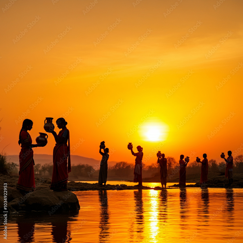 Wall mural group of people participating in chhath puja, holding offerings while the sun sets, creating a warm,