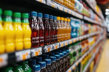 Estanterías del supermercado con bebidas de diferentes tipos en el supermercado. Refrescos
