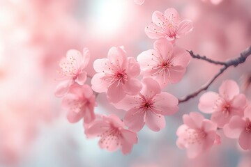 Naklejka premium Delicate pink cherry blossoms bloom on branches, creating a soft and serene image that evokes springtime beauty.
