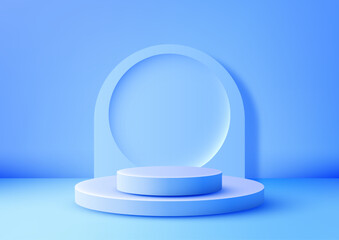 A minimalist 3D blue circular podium with a large arched backdrop set against a serene blue background