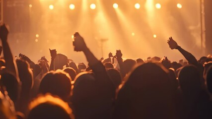Energetic Crowd at Concert With Raised Hands, An energetic scene from a summer music concert with a high-spirited crowd