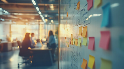 A white board with colorful sticky notes on it
