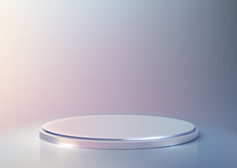 Minimalist 3D Podium with Iridescent Background, Featuring Lighting and Reflective Surfaces for Product Display, Mockup, and Showcase in Modern Design Concepts