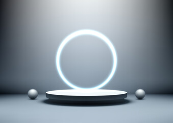 Minimalist 3D Circular Podium with Glowing Neon Ring and Spheres for Product Display Mockup, Futuristic Technology Showcase