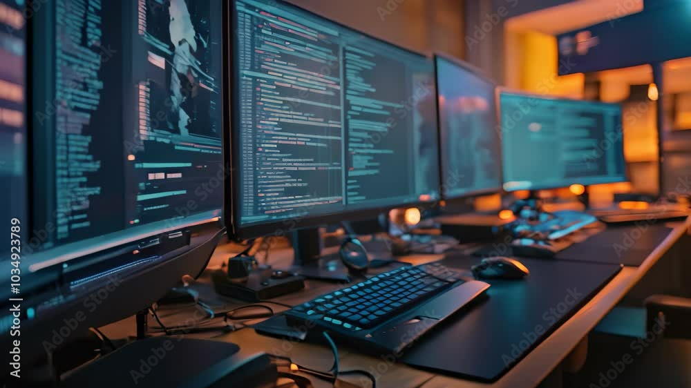 Poster multiple computer monitors neatly arranged in a row on top of a desk, an engineer's work station wit